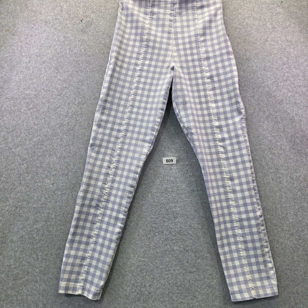 Forever 21 Gingham Check High Waisted Skinny Pants Blue White Side Zip Seam Fron